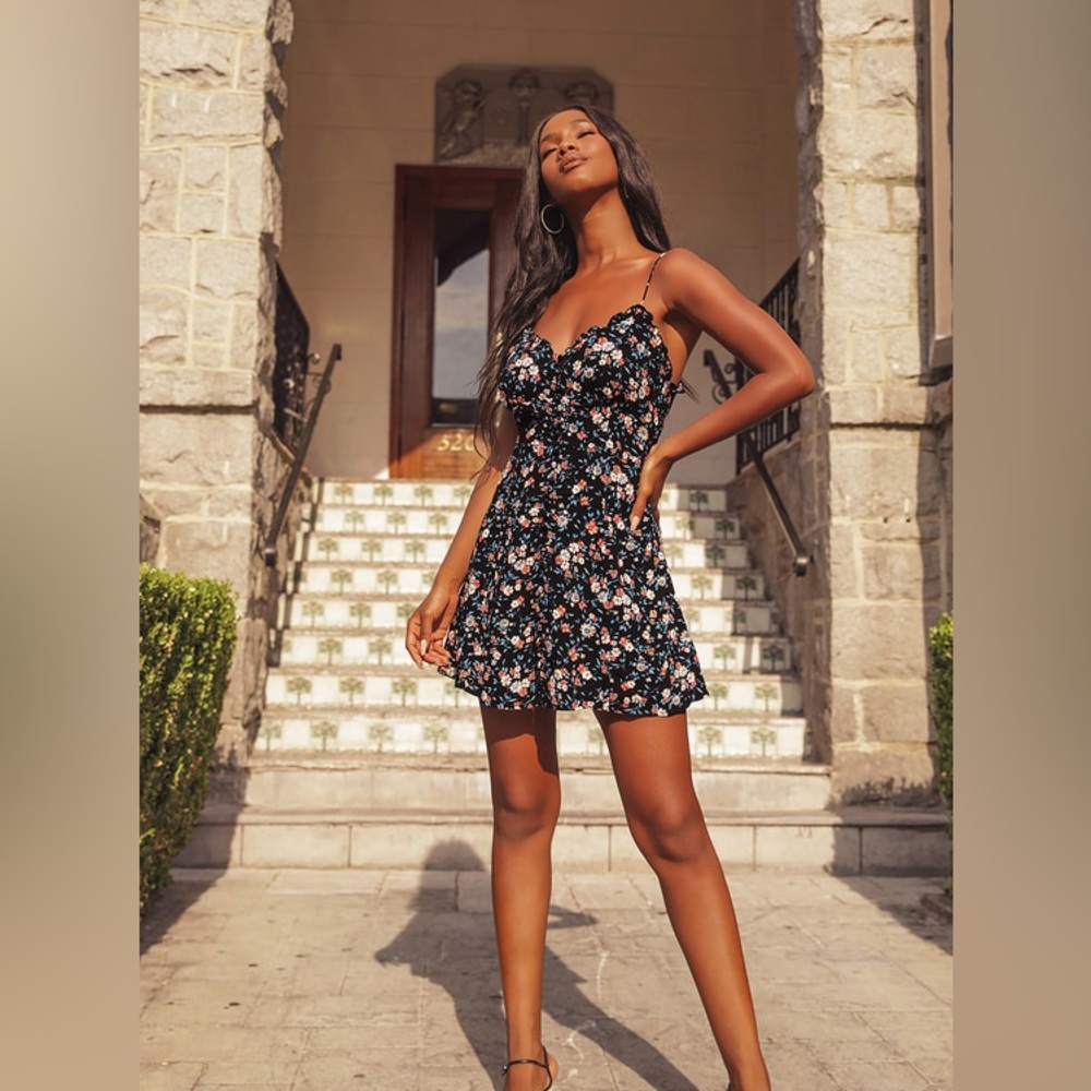 Flourishing Love Black Floral Print Button-Up Mini Dress